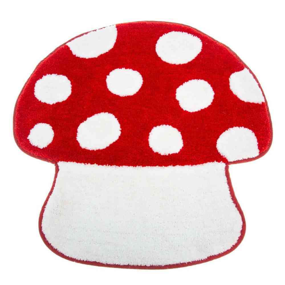 Red mushroom tufted bathroom mat with white polka-dot cap and white stem, rounder outline