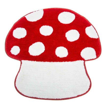 Red mushroom tufted bathroom mat with white polka-dot cap and white stem, rounder outline