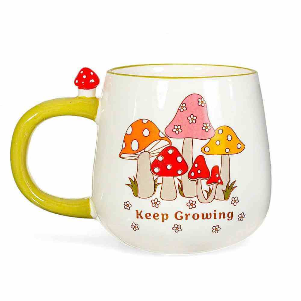 Garden mushroom mug: white with green handle, front mushrooms and 'Keep Growing' print