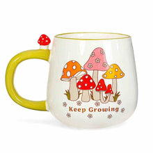 Garden mushroom mug: white with green handle, front mushrooms and 'Keep Growing' print