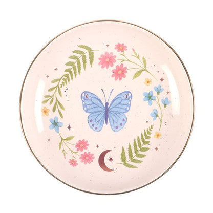 Round butterfly trinket dish with floral wreath, crescent moon and star accents