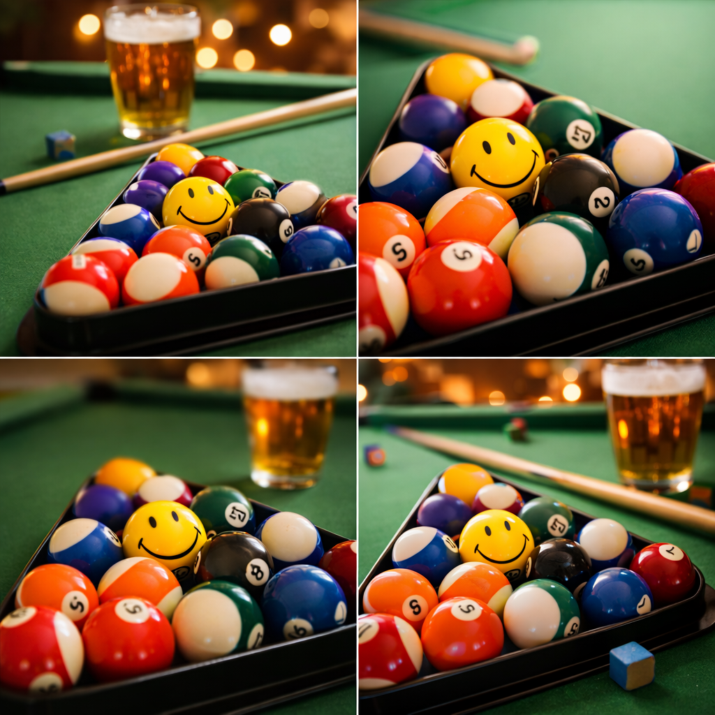 Smiley-faced yellow pool ball among colorful pool balls in a rack