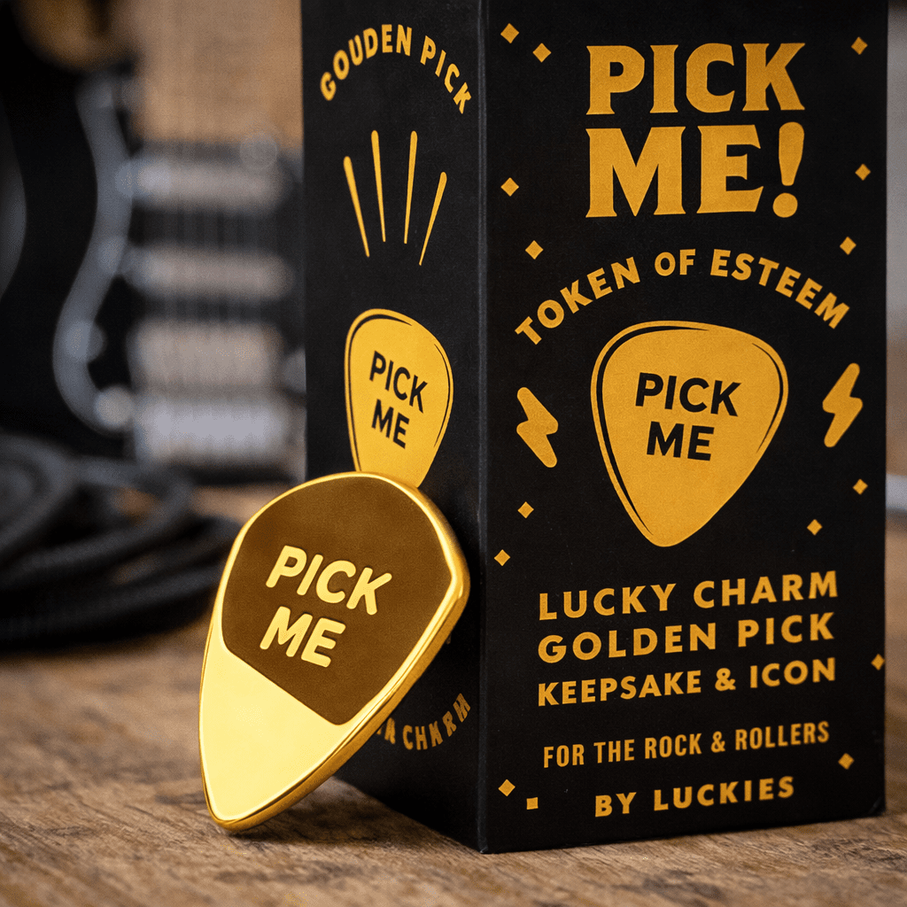 Gold-plated guitar pick charm and star gift box with “Pick Me” keepsake icon.