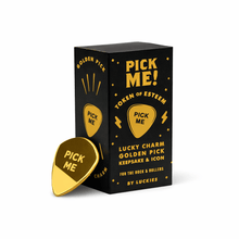 Gold-plated guitar pick charm in star gift box with “Pick Me” design.
