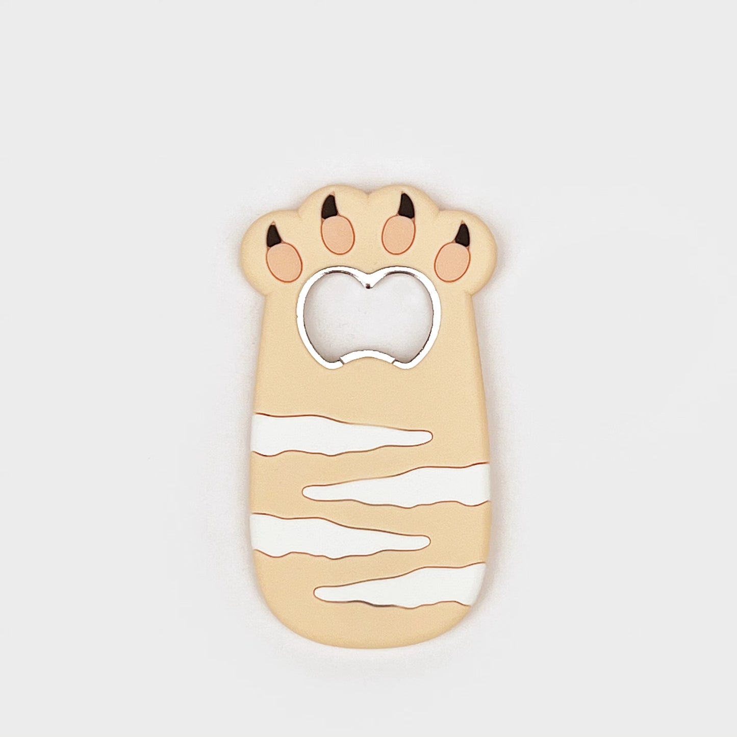 Beige cat bottle opener magnet with striped belly and a silver bottle-cap slot.