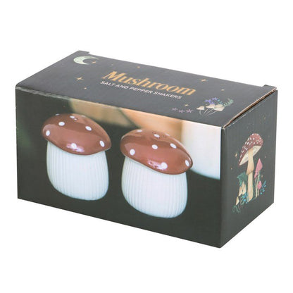 Ceramic mushroom salt and pepper shakers set in gift box, brown polka-dot caps
