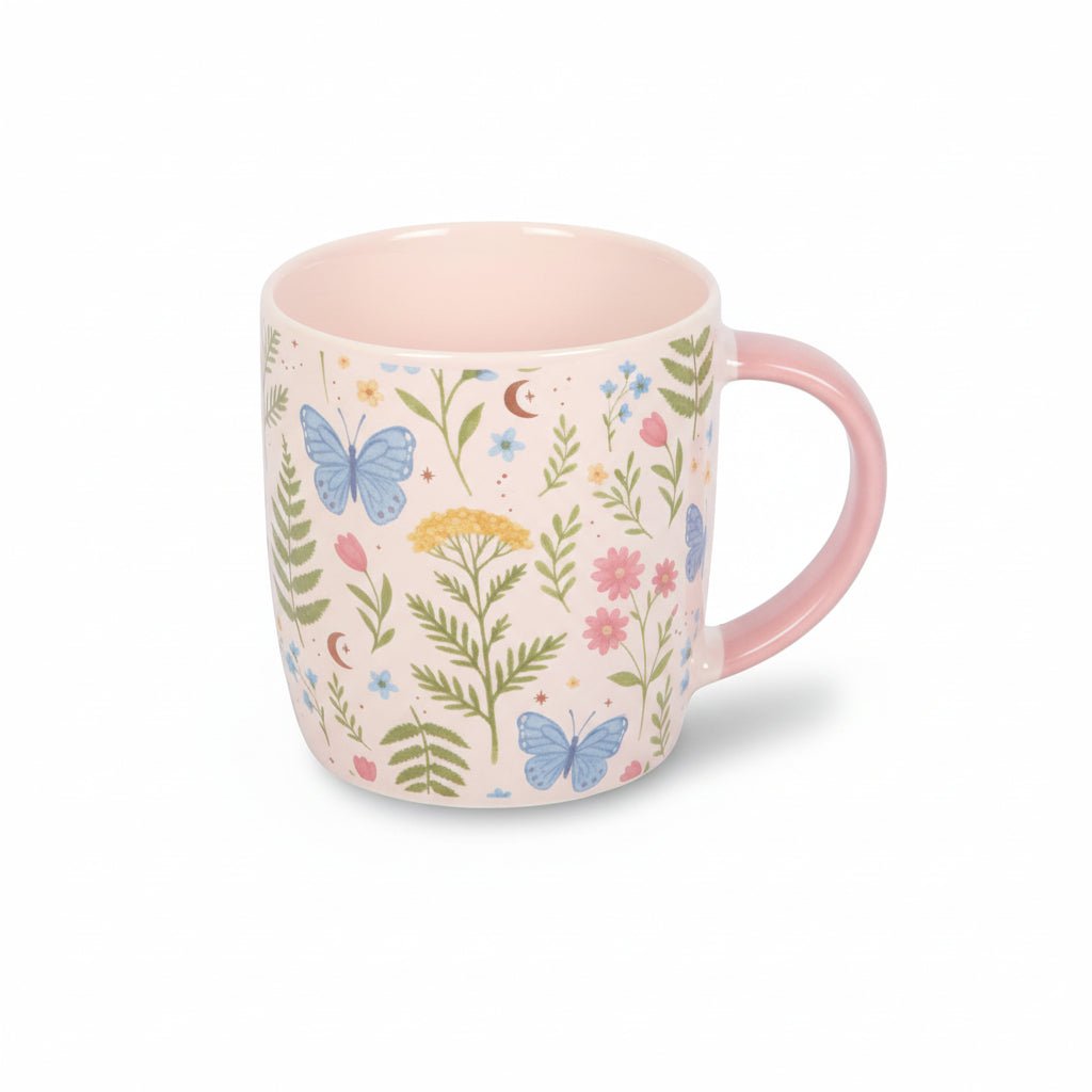 Floral print ceramic mug, white with botanical flowers and butterflies, pink handle