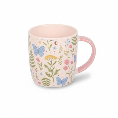 Floral print ceramic mug, white with botanical flowers and butterflies, pink handle