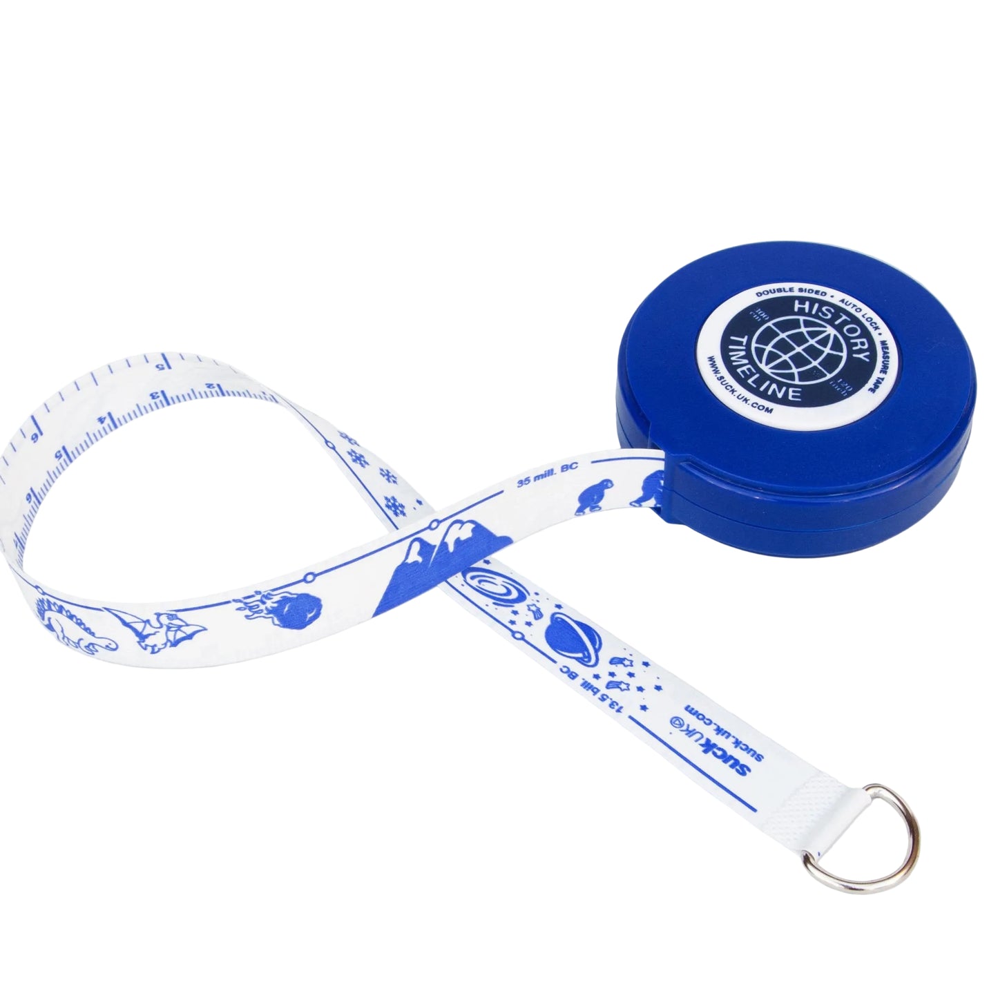 White measuring tape strap with blue icons and blue History Timeline reel with metal ring