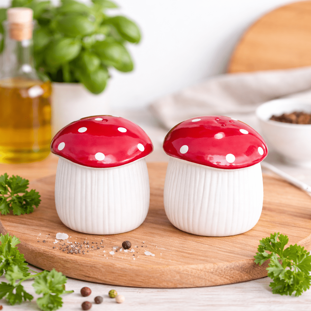 Red polka-dot ceramic mushroom salt and pepper shakers, two-piece set