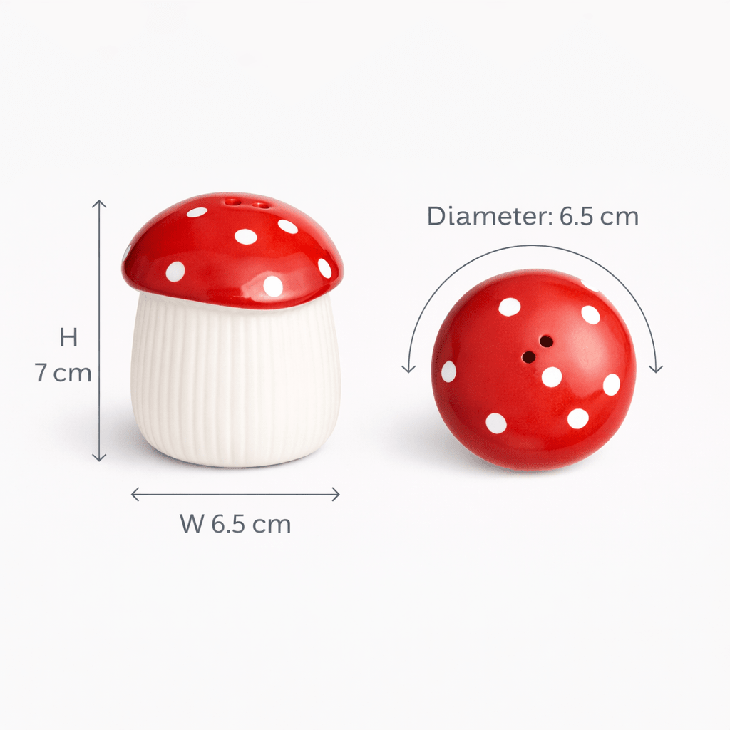 Ceramic mushroom salt and pepper shakers with red caps and ribbed white bases