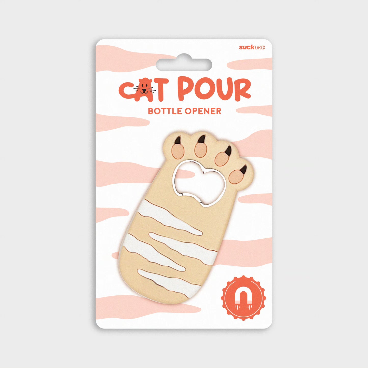 Cat Pour bottle opener package with beige cat magnet, orange badge, and Sucklord logo.