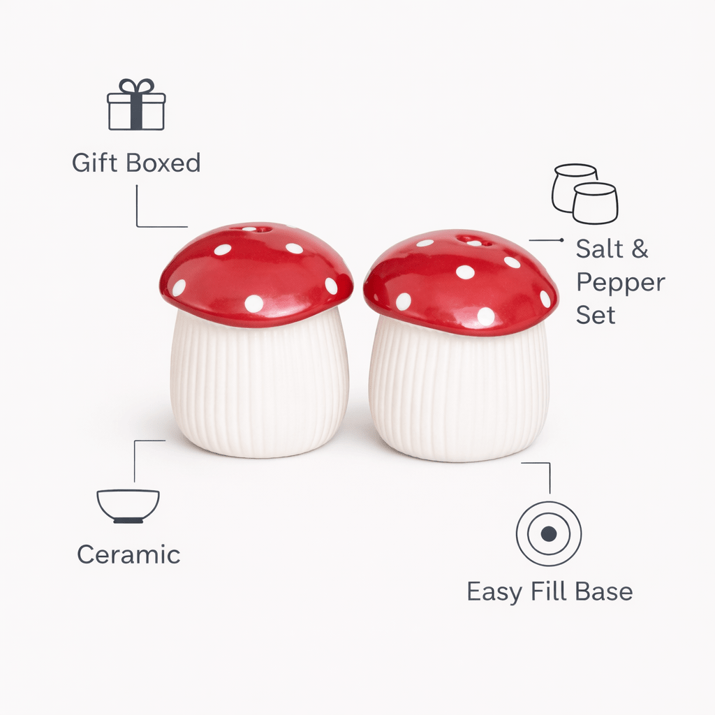 Ceramic mushroom salt and pepper shakers set with easy-fill base