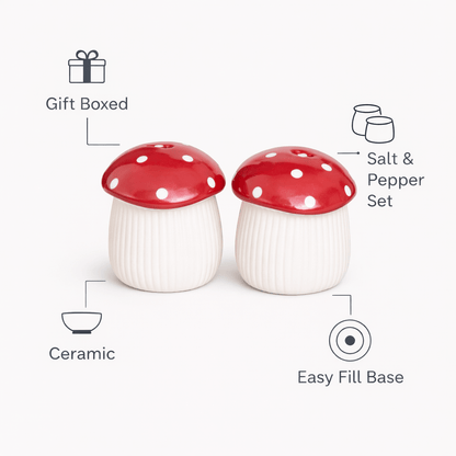 Ceramic mushroom salt and pepper shakers set with easy-fill base
