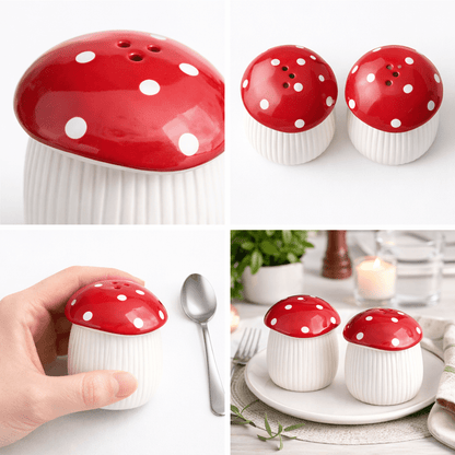 Ceramic mushroom salt and pepper shakers with red caps and white spotted tops