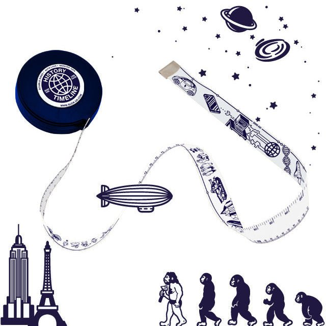 White History Timeline measuring tape with space icons and small blue reel