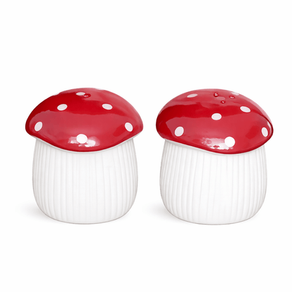 Red polka-dot ceramic mushroom salt and pepper shakers, front view, pair
