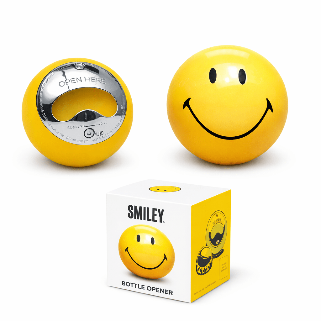 Smiley bottle opener in yellow pool ball design with matching gift box