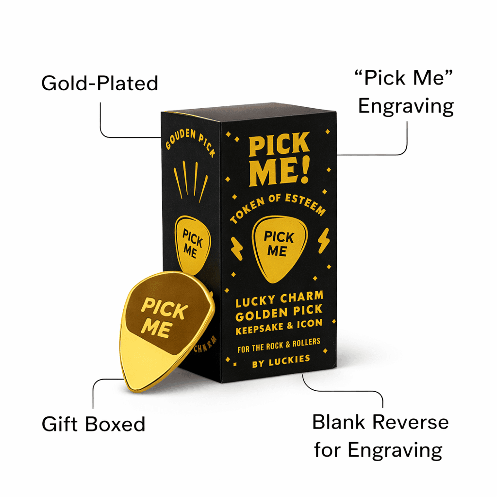 Gold-plated guitar pick charm with “Pick Me” engraving; gift boxed with blank reverse.