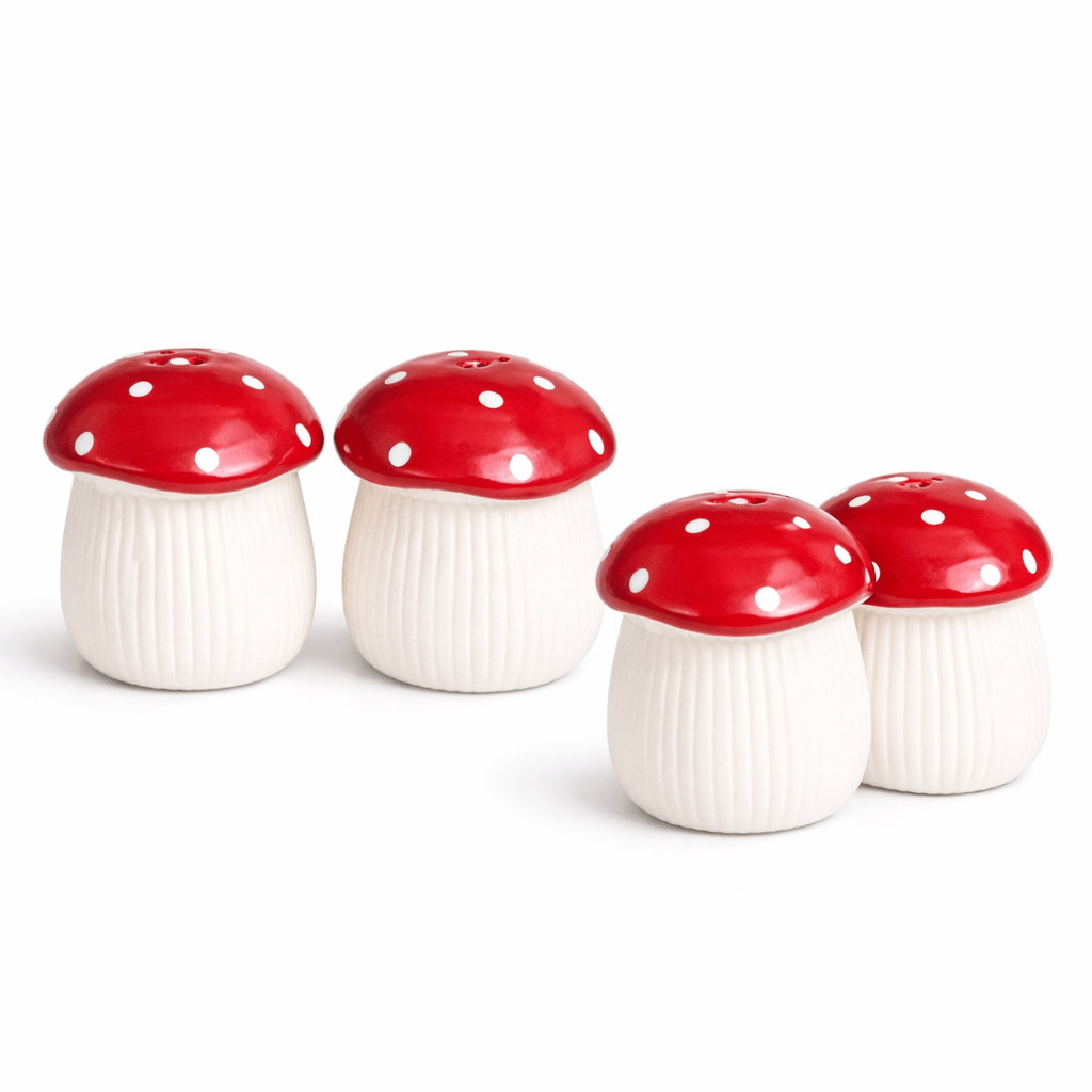 Ceramic mushroom salt and pepper shakers, red caps and white ribbed bodies