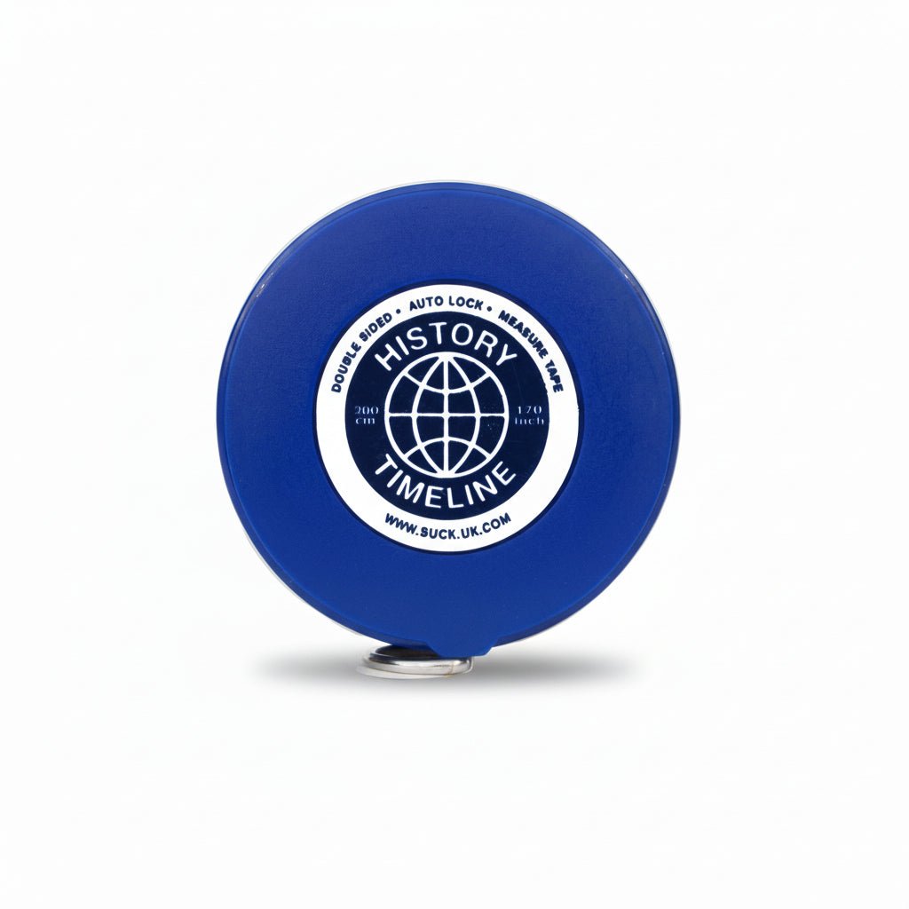 Blue History Timeline measuring tape reel with globe emblem and pull ring