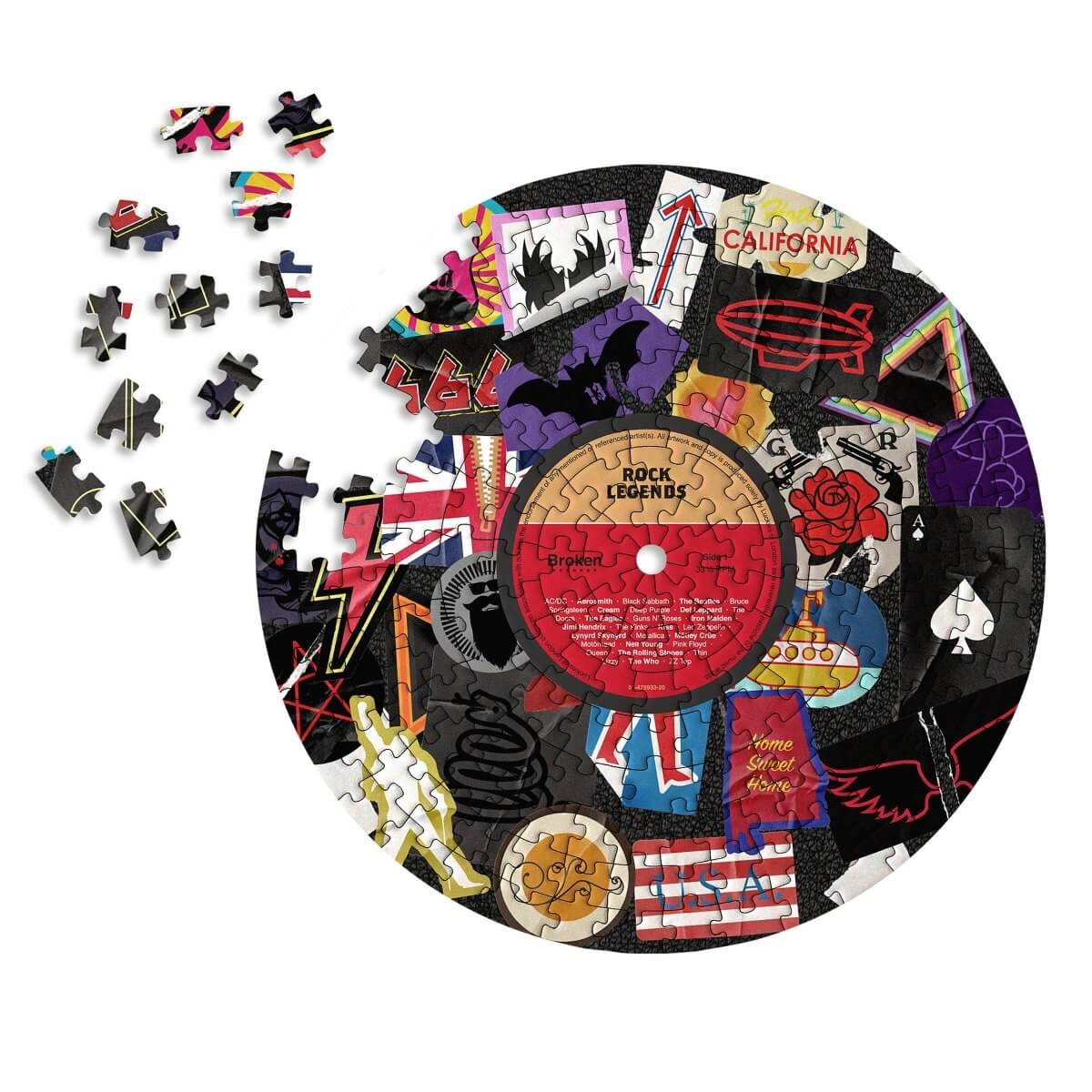 Circular vinyl-record jigsaw puzzle with rock collage and scattered pieces