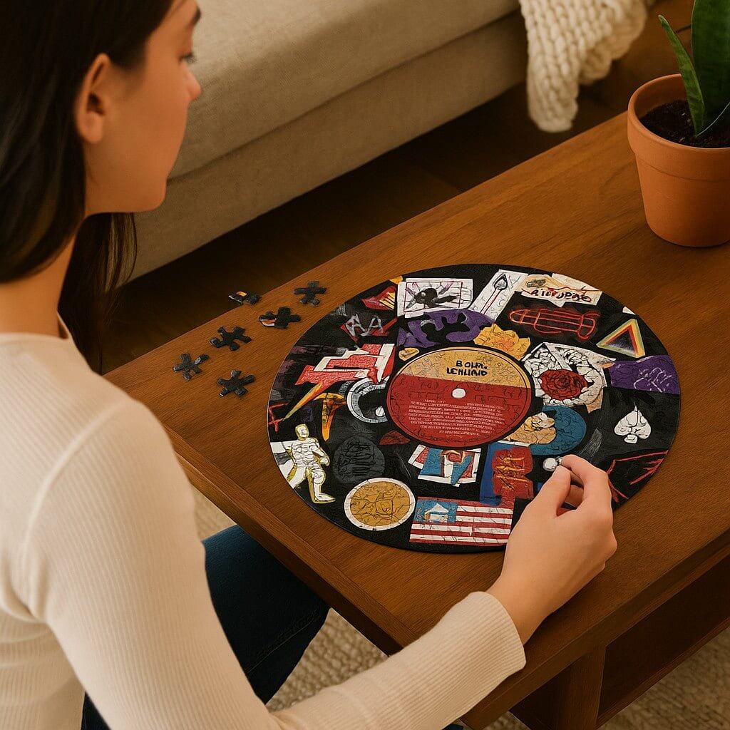 Rock-themed circular jigsaw puzzle with hands fitting pieces