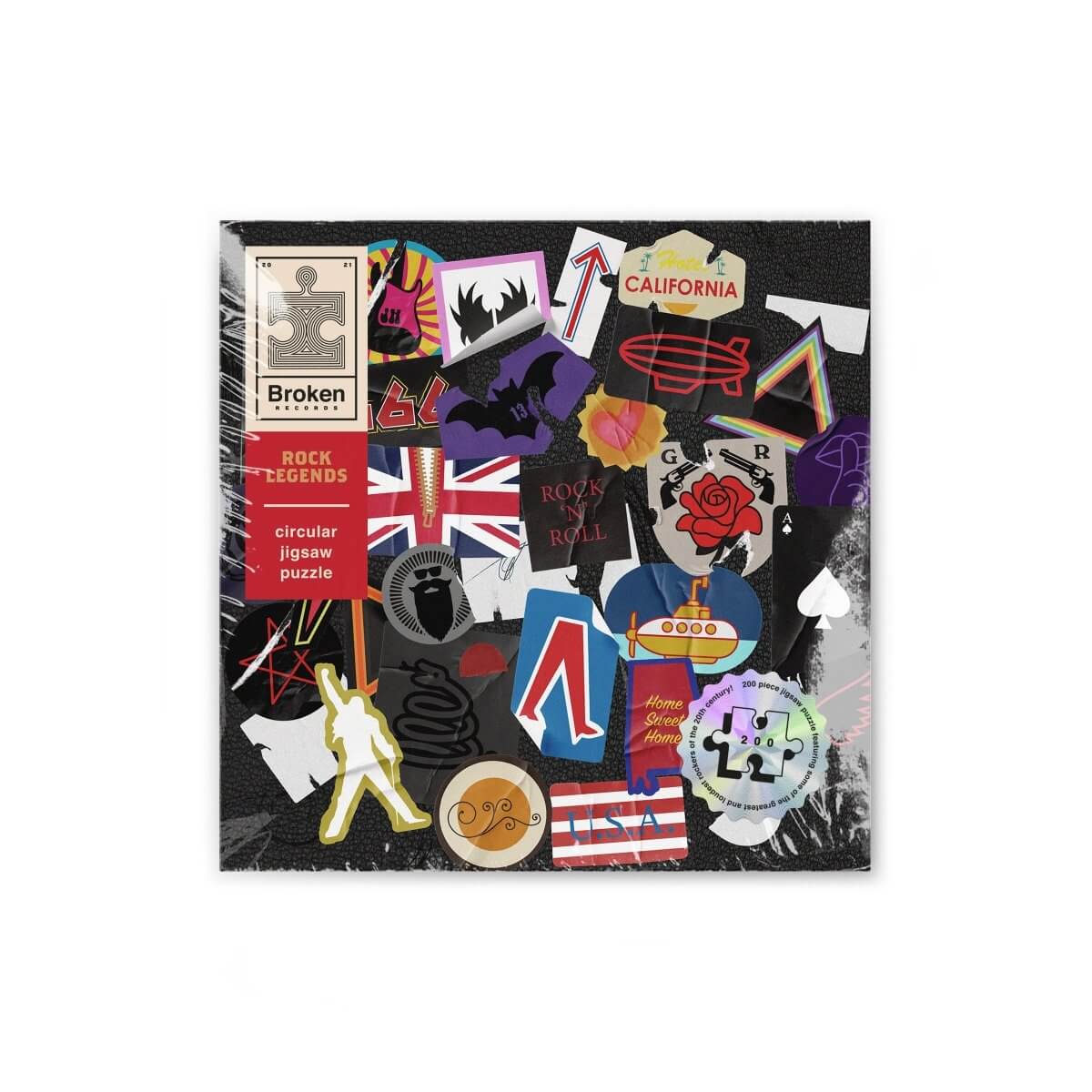 Rock music circular jigsaw puzzle box with collage cover art