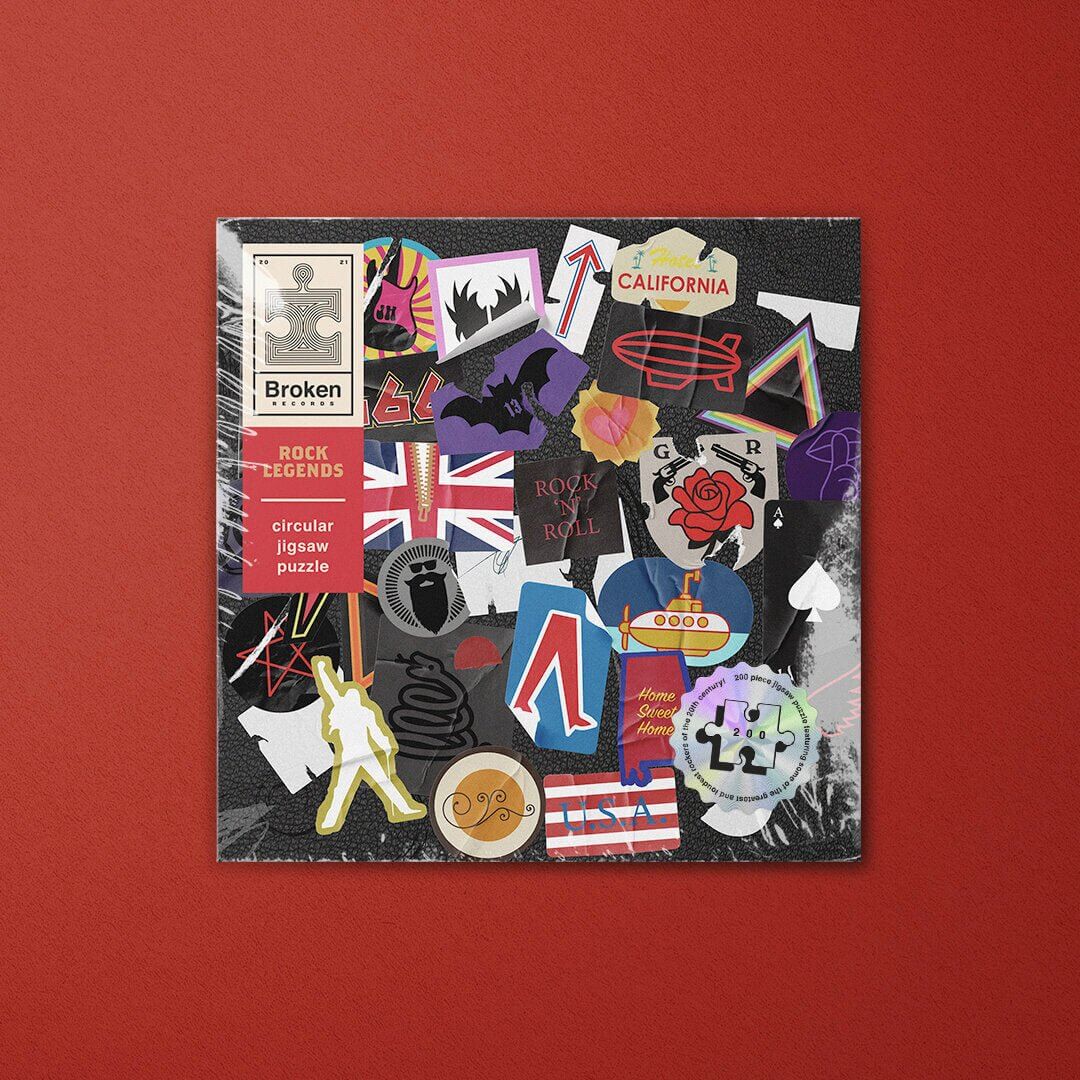 Rock music circular jigsaw puzzle box with collage cover art