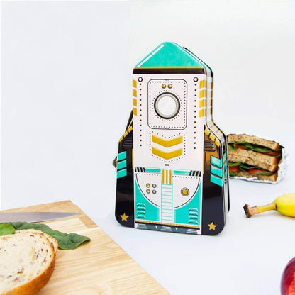 Rocket lunch box with teal top and rocket graphic; sandwich on the side.