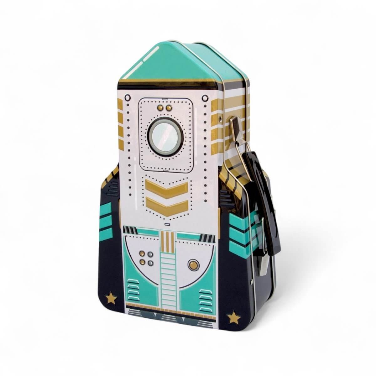 Rocket-shaped lunch box with teal top, white body, and side latch details.