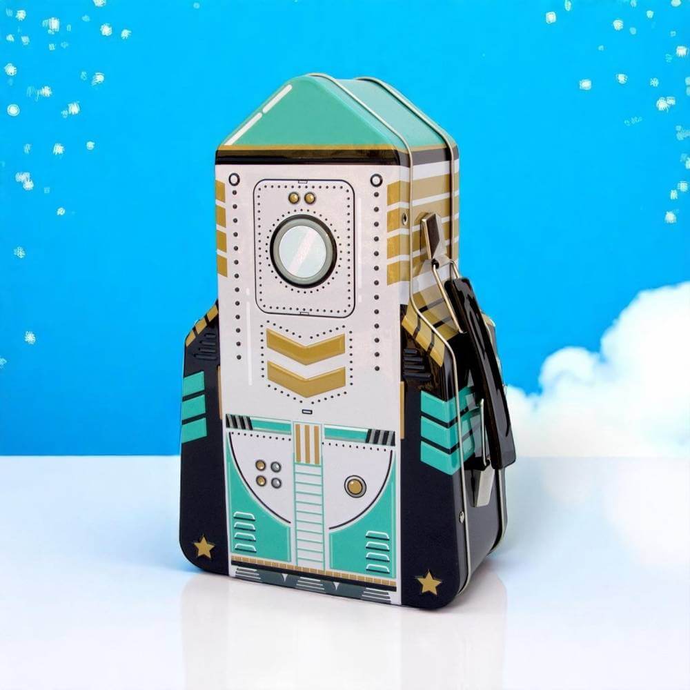 Rocket lunch box with circular window graphic, teal accents, and black side straps.