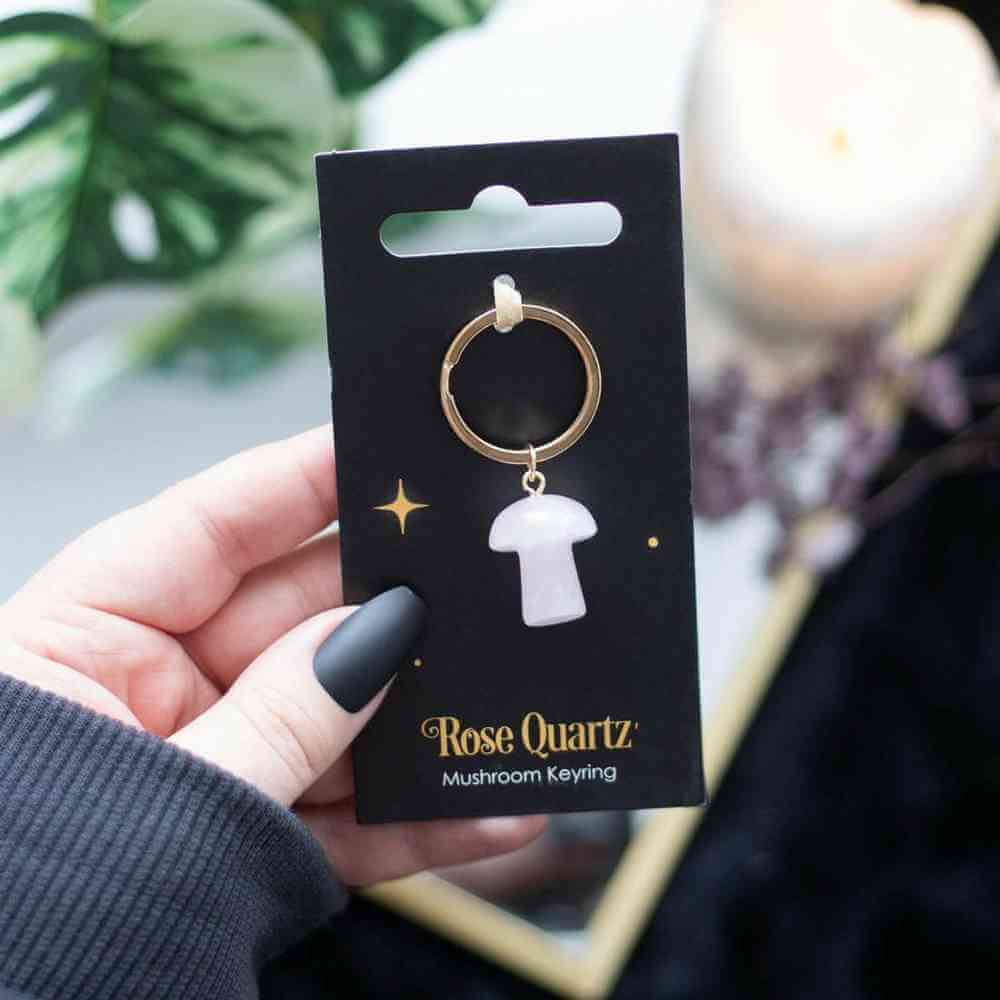 Rose Quartz Crystal Mushroom Keyring for Healing Energy by Spirit of equinox