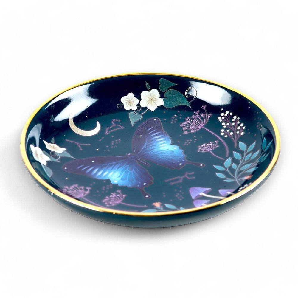 Round trinket dish with blue moth and moon graphic, gold edge