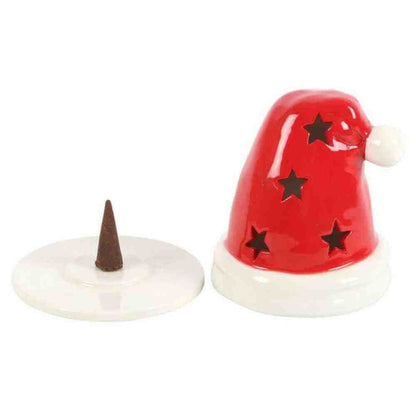 Santa hat incense cone burner with separate incense cone holder, red hat with star cutouts