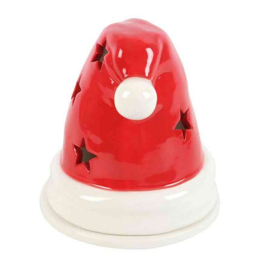 Santa hat incense cone burner, front view with white pom-pom and star cutouts on red hat