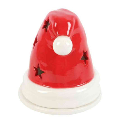 Santa hat incense cone burner, front view with white pom-pom and star cutouts on red hat