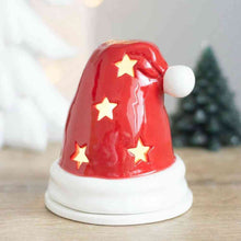 Santa hat incense cone burner with tealight holder, red ceramic, star cutouts, white brim