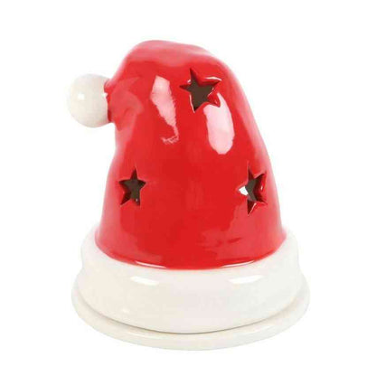 Santa hat incense cone burner, side view of glossy red ceramic with star cutouts and pom-pom