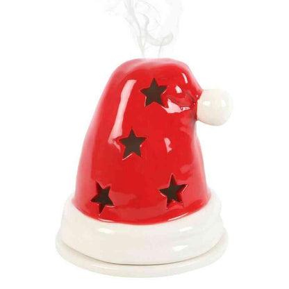 Santa hat incense cone burner, glossy red ceramic hat with star cutouts and white brim