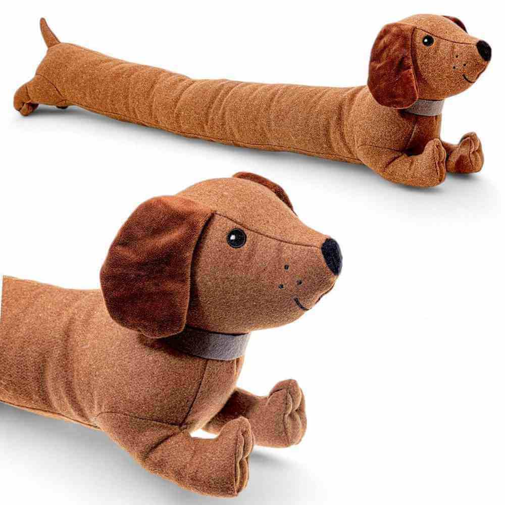 Plush dachshund draft excluder, side view showing long body and floppy ears