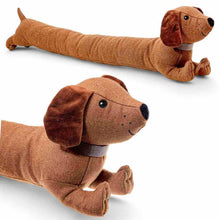 Plush dachshund draft excluder, side view showing long body and floppy ears