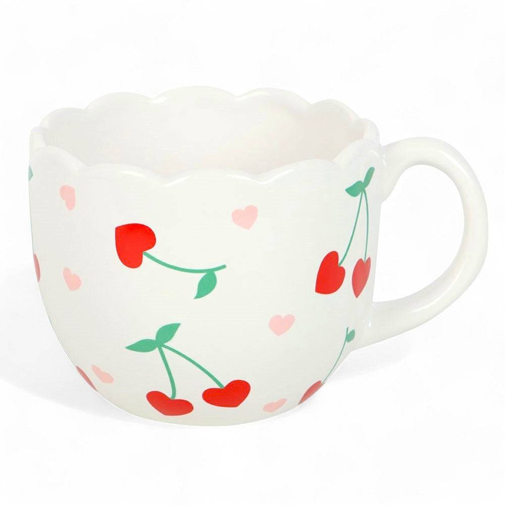 White scalloped mug with cherries and hearts pattern, green vines and red cherries