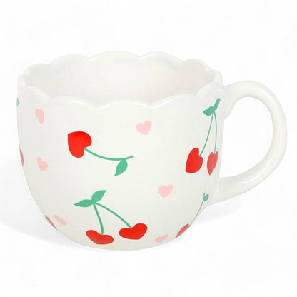 White scalloped mug with cherries and hearts pattern, green vines and red cherries