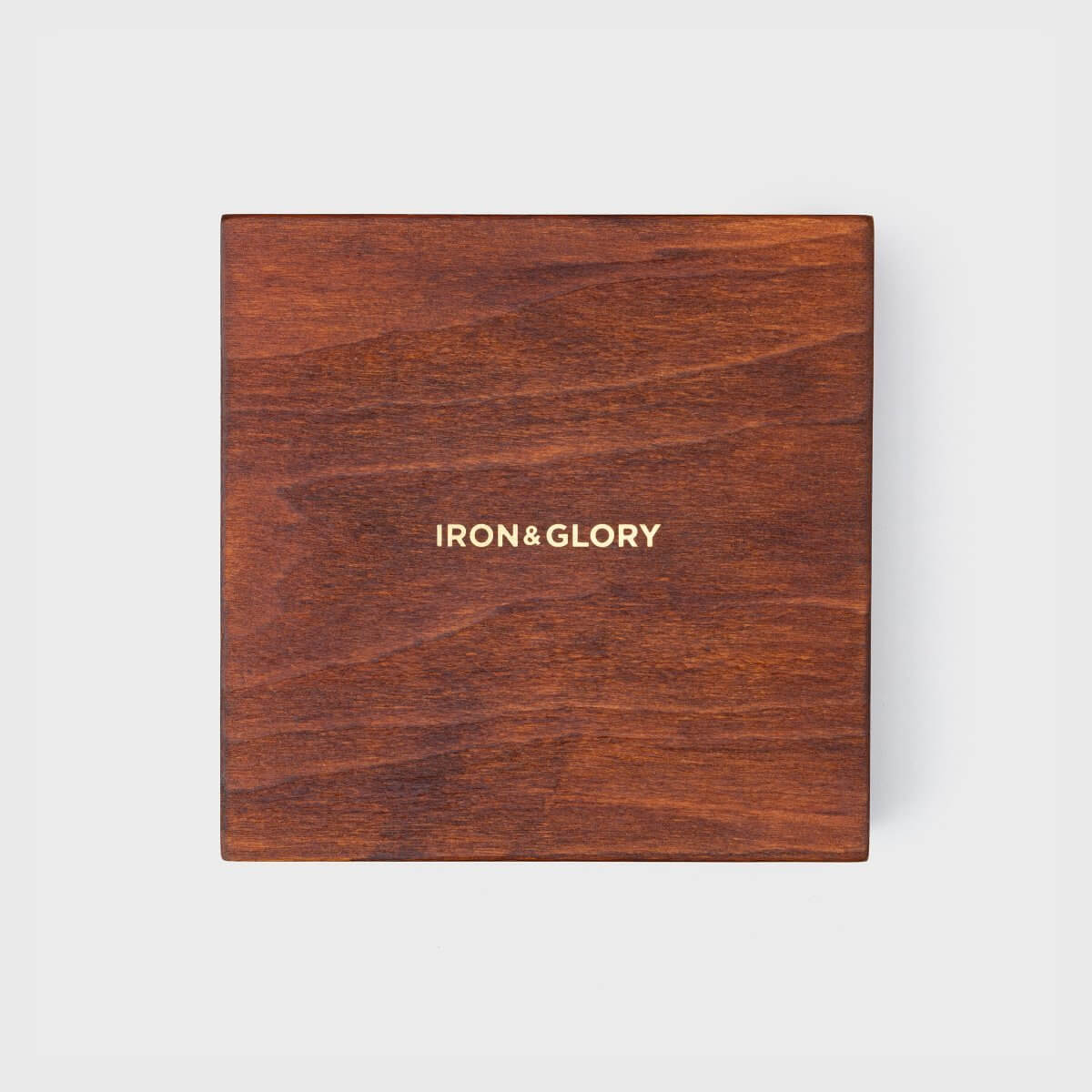 Wooden puzzle box back with IRON&GLORY logo