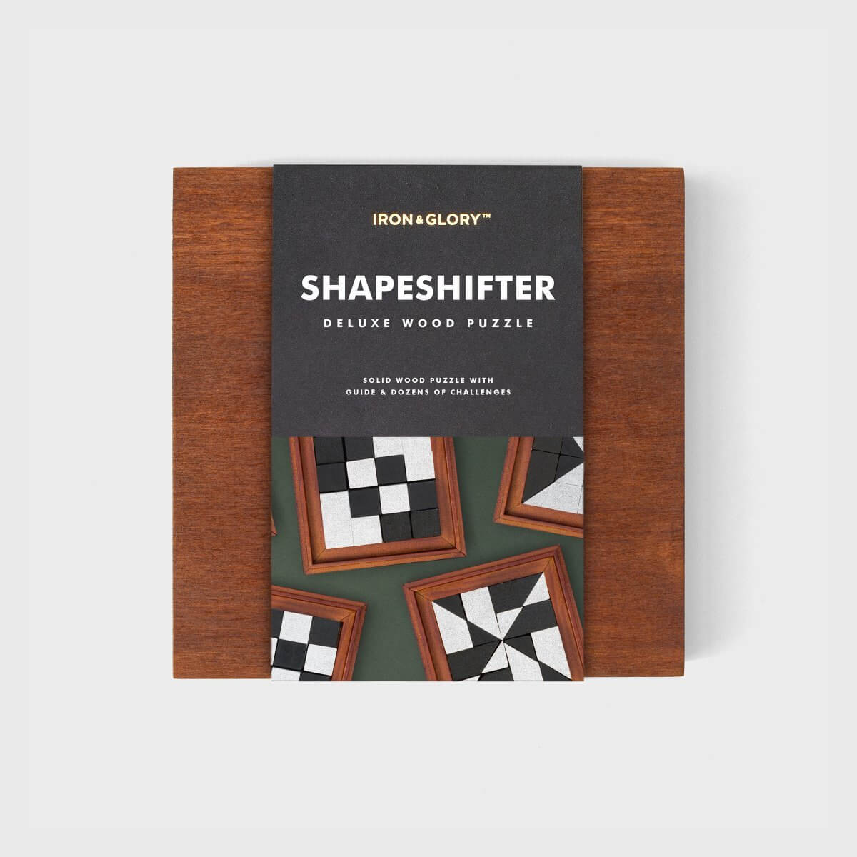 IRON&GLORY SHAPESHIFTER Deluxe wood puzzle box with sample tile designs