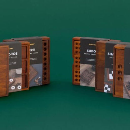 Wooden tangram challenge puzzle set in rectangular storage boxes with geometric pieces