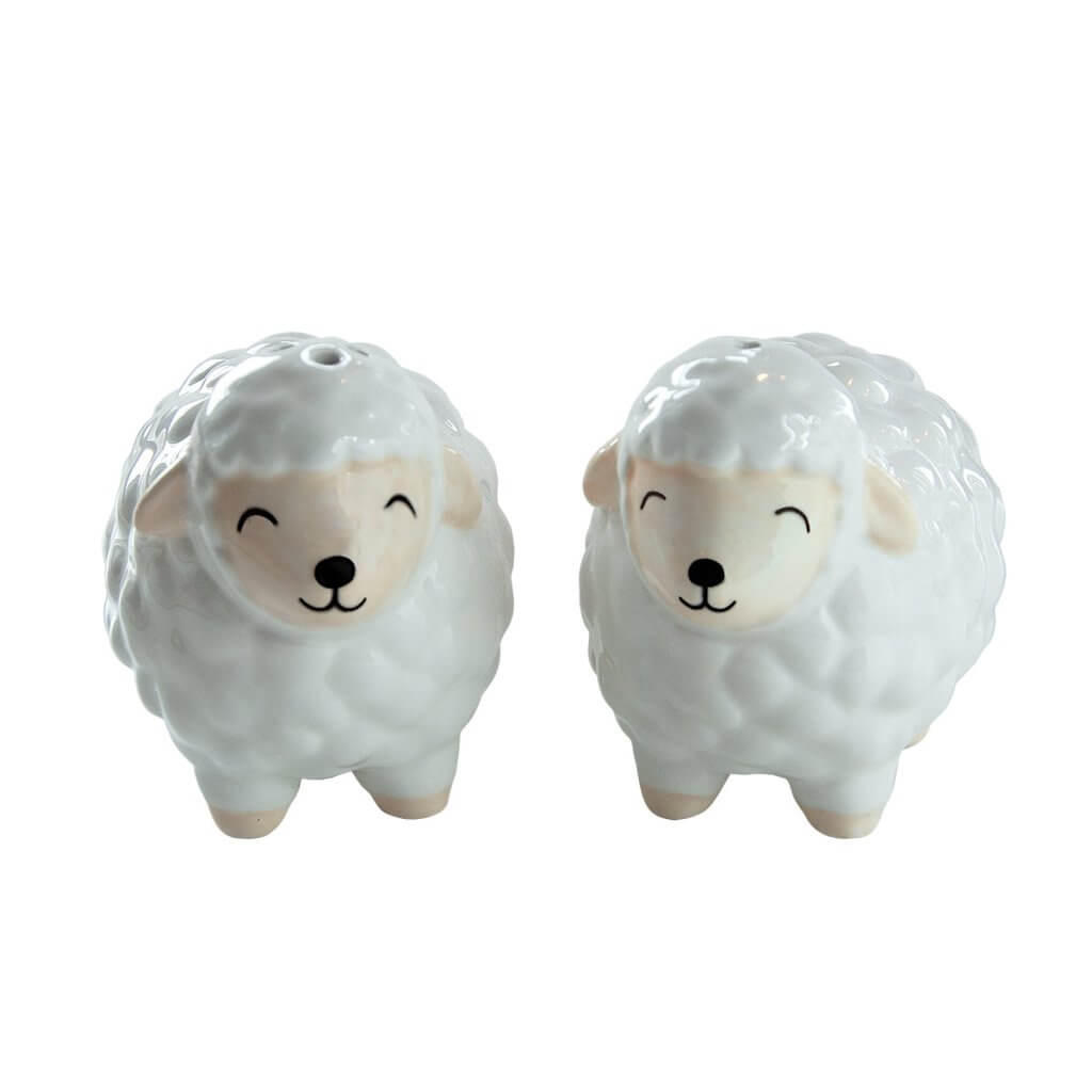 Sheep salt and pepper shaker pair, gray and cream sheep figurines with rounded wool texture