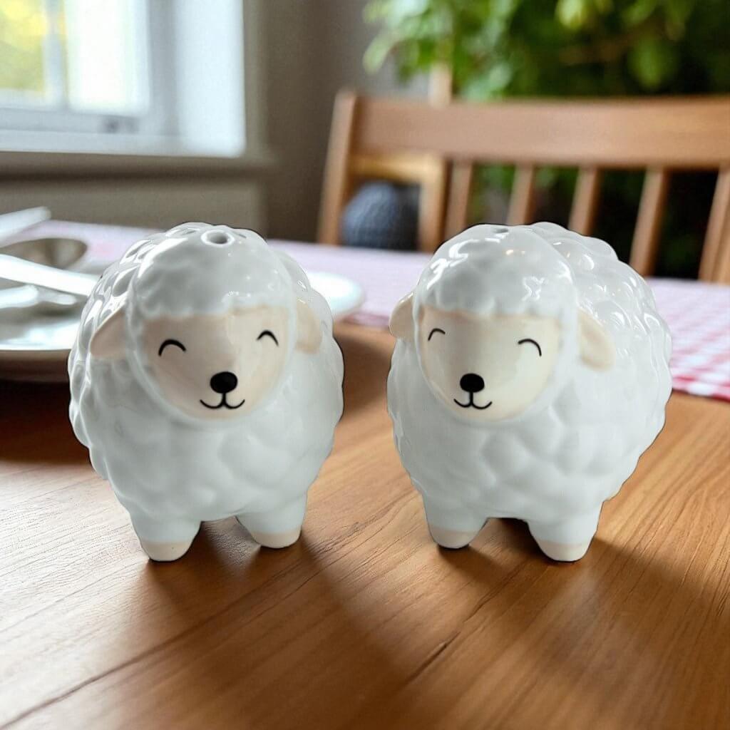 Sheep-shaped ceramic salt and pepper shakers, gray and cream sheep with smiling faces