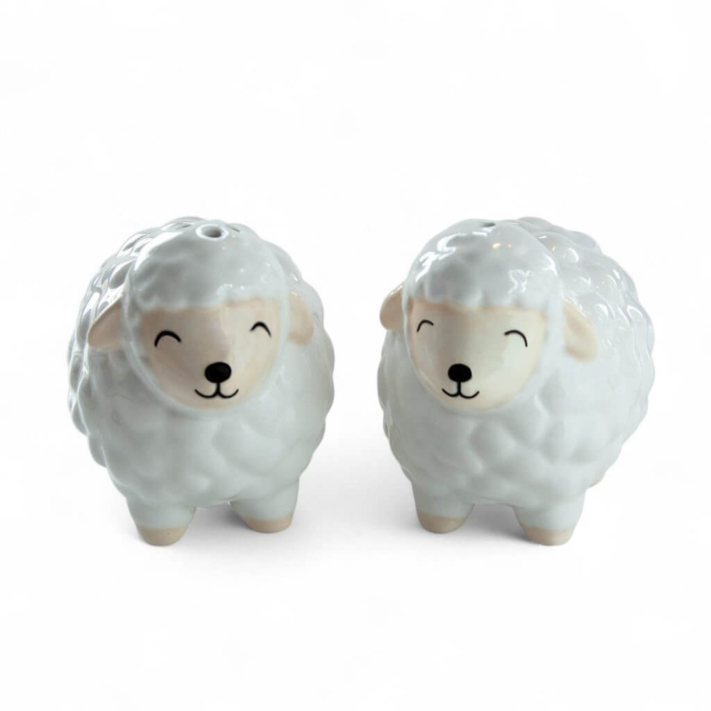 Ceramic sheep salt and pepper shakers set, light gray and cream sheep figures